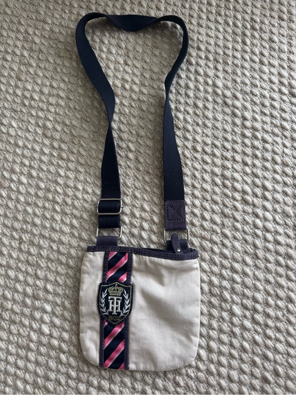 Kids Tommy Hilfiger Cream Crossbody Purse with Navy & Pink Stripe